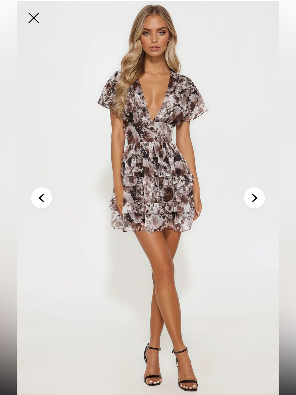 Fashion Nova Brown Floral V-Neck Tiered Mini Dress